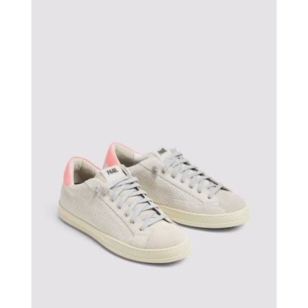 P448 John Low Top Sneakers Beige Perforated Suede‎ Neon Pink Heel 37 / 7
